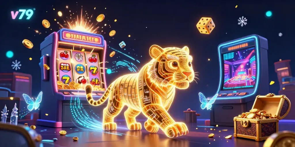 Experience the thrilling v79 casino adventure with a neon tiger exploring a vivid jackpot scene.