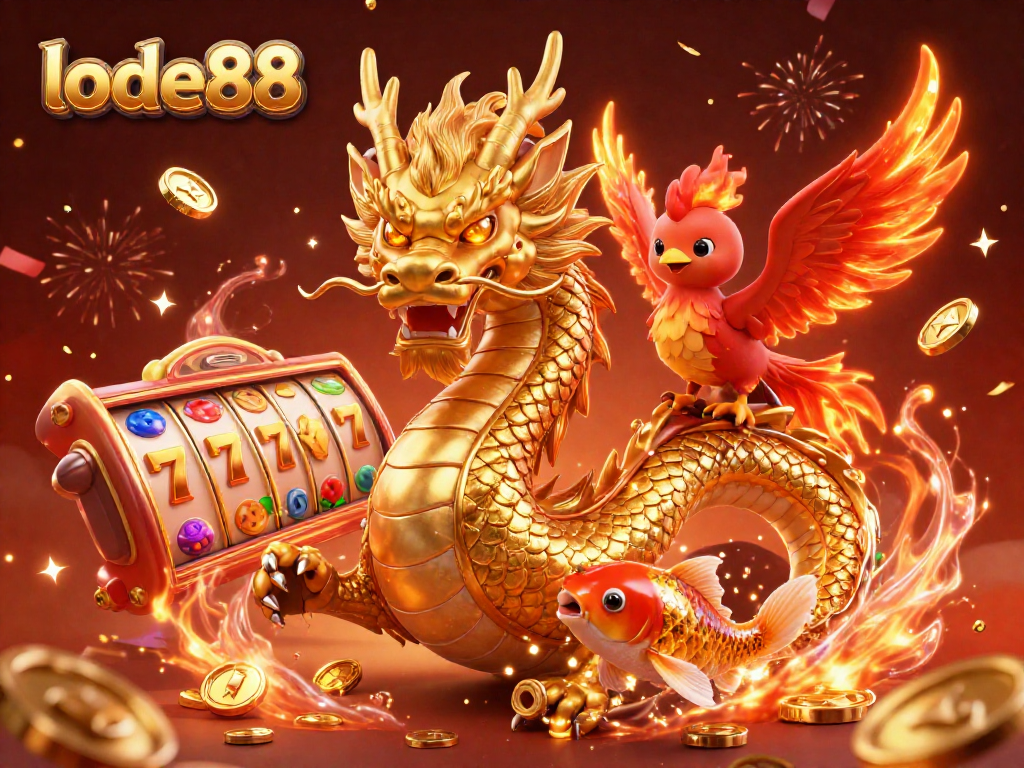 Experience the thrill of lode88 with a fierce dragon, phoenix, and koi fish in a magical casino scene.