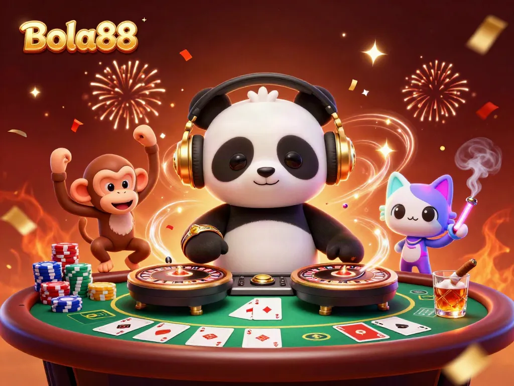 Experience the vibrant energy of Bola88 with a DJ panda and lively casino scene.