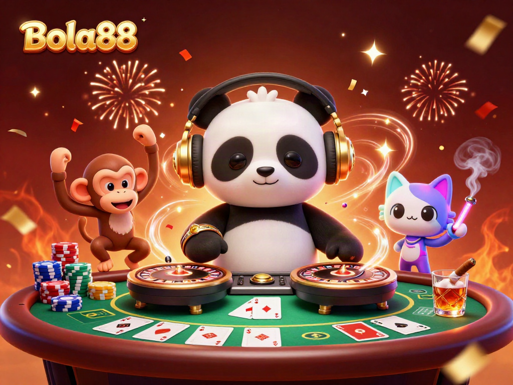 Experience the vibrant energy of Bola88 with a DJ panda and lively casino scene.
