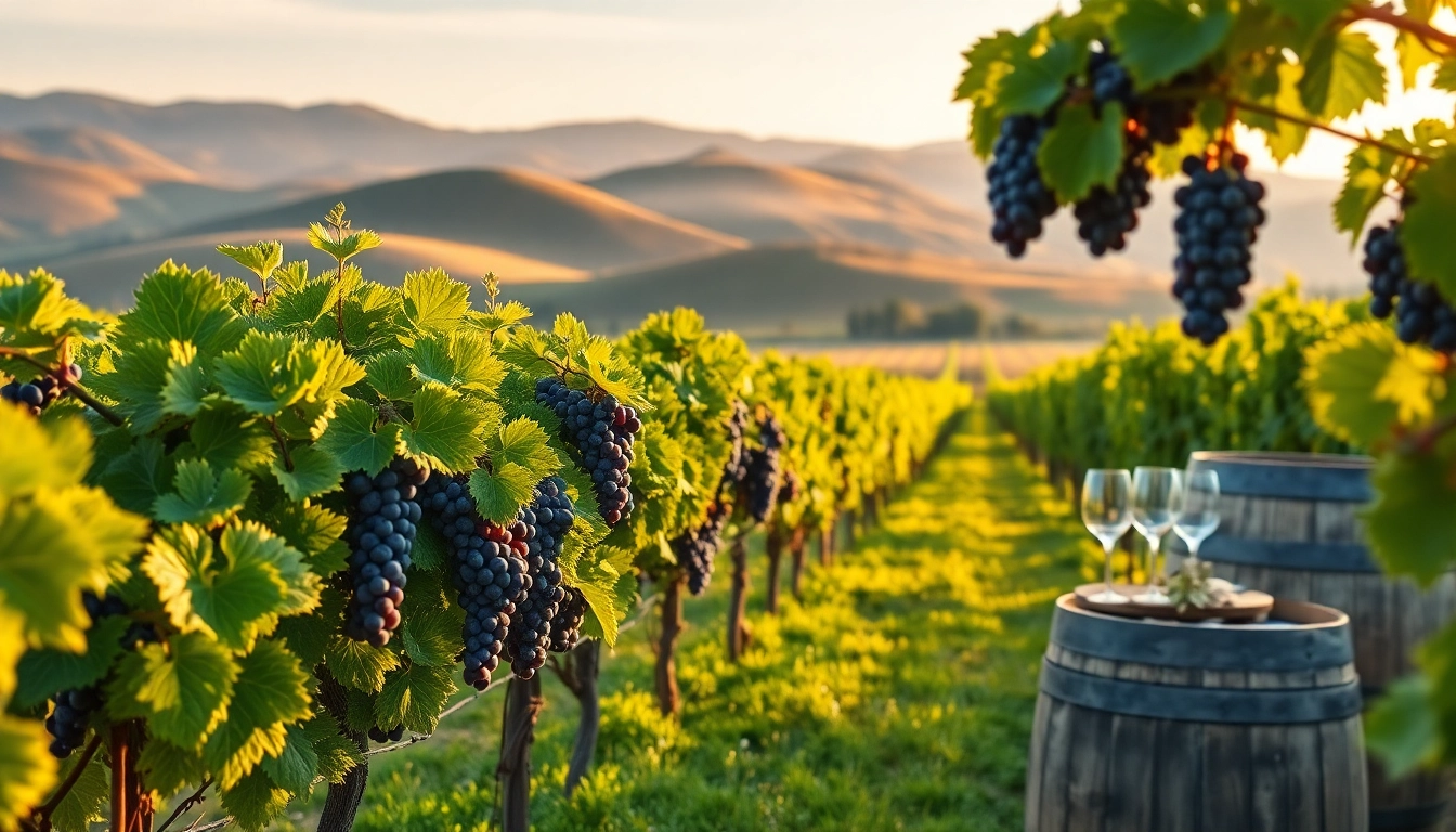 Savor the beauty of Delta Breeze Wine California in a serene vineyard backdrop with ripe grapes.