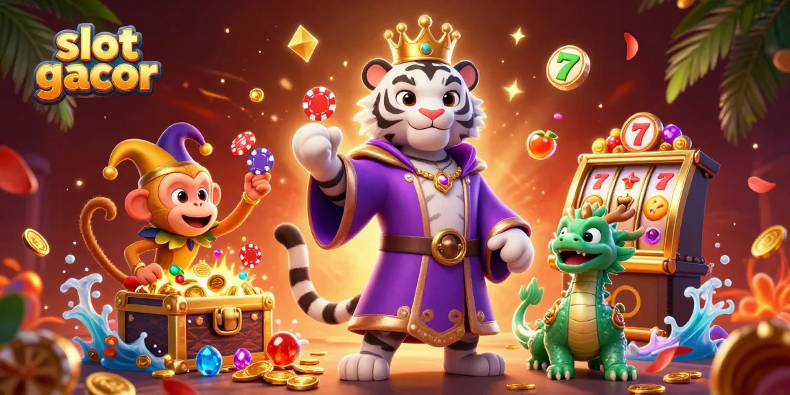 Ilustrasi slot gacor menampilkan harimau putih dan monyet emas dengan simbol permainan keliling dan harta karun bawah laut.