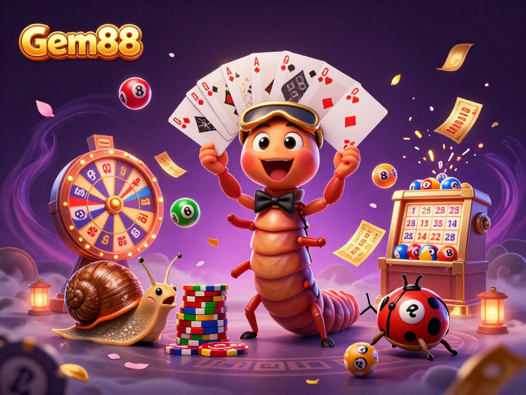 Gem88 features an exciting illustration with a millipede dealer and colorful gambling elements.