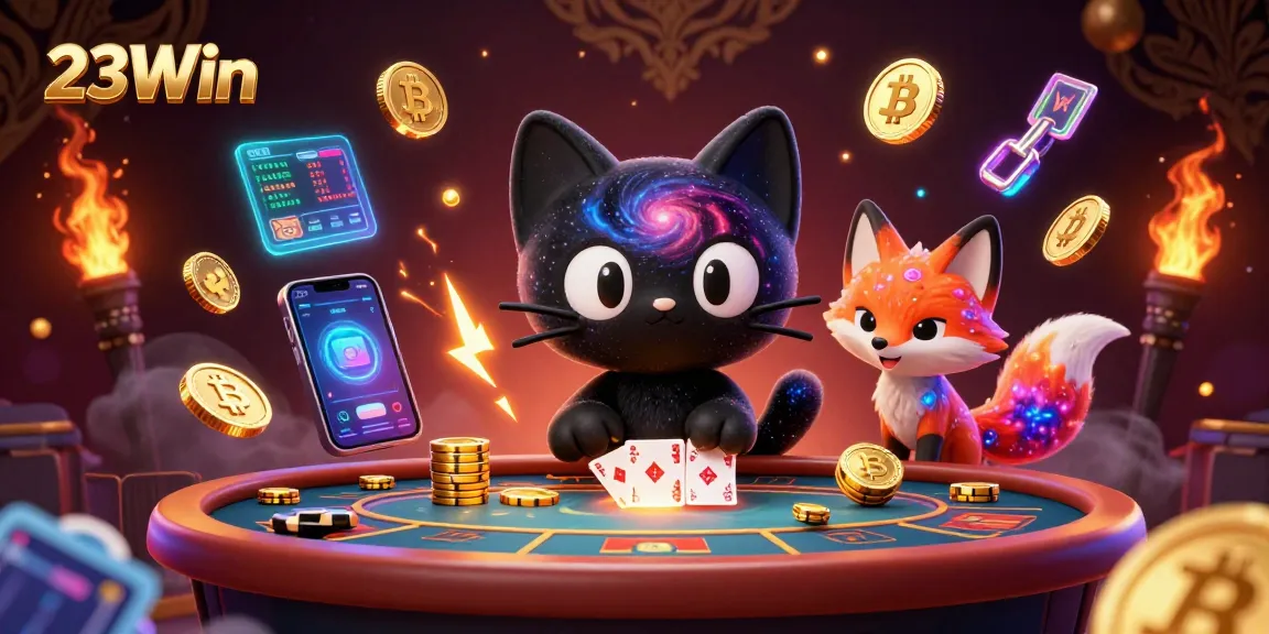 Experience the excitement of 23Win with vibrant casino elements and dynamic characters in action.
