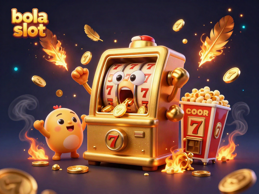 Engage with the exciting bola slot adventure featuring a golden slot machine hitting a jackpot, coins pouring while baby slot machines cheer.
