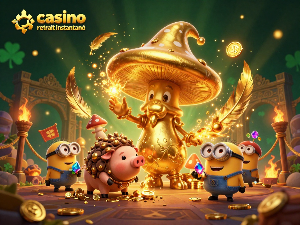 Casino en ligne retrait instantané, illustration d'un mage transformant l'or et des minions portant des gemmes.