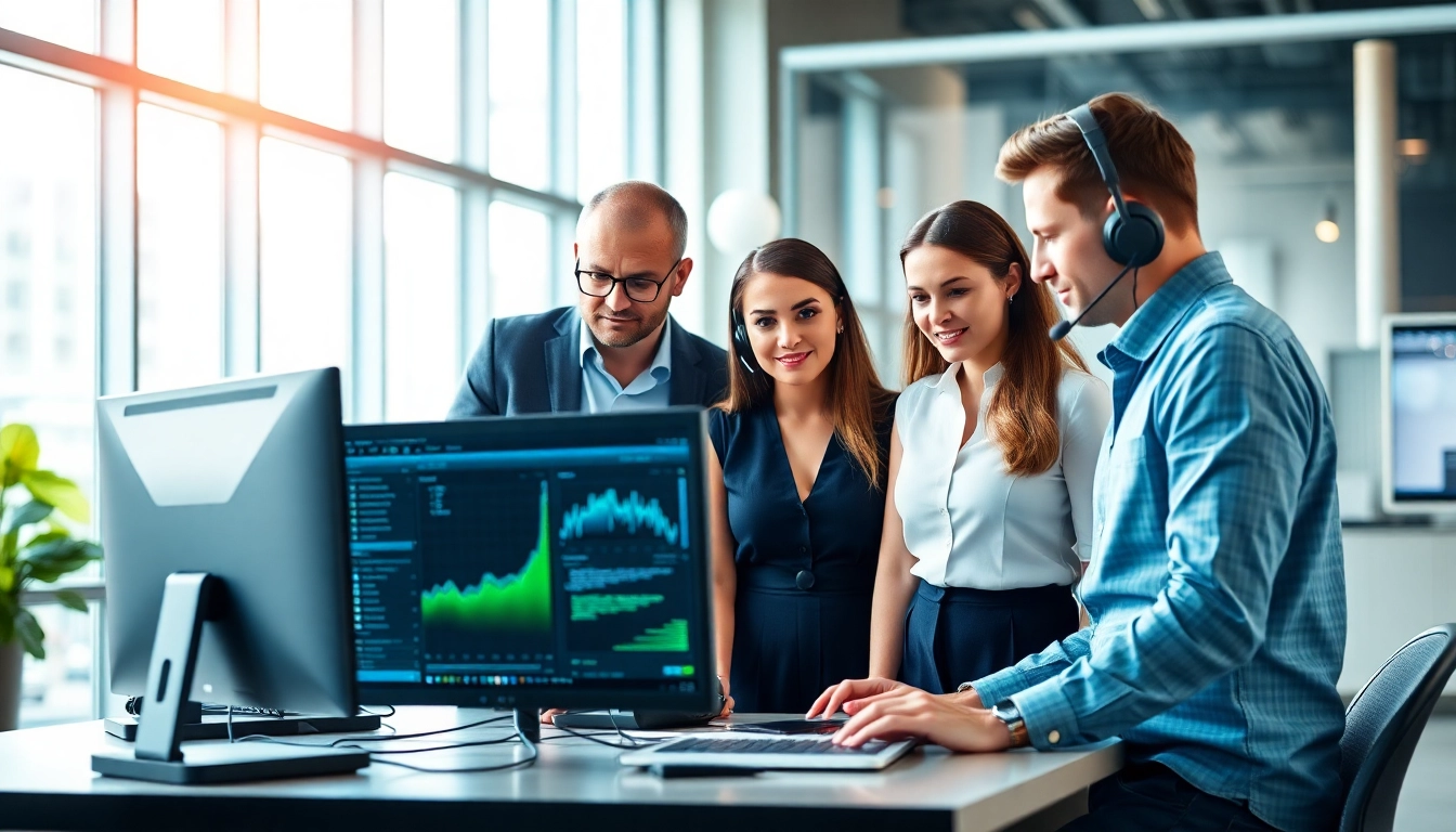 IT support for businesses professionals collaborating with clients in a modern office setting.
