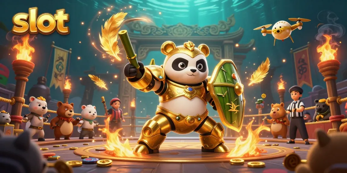 Meraih jackpot slot dalam pertarungan robot di arena penuh koin emas dan semangat.