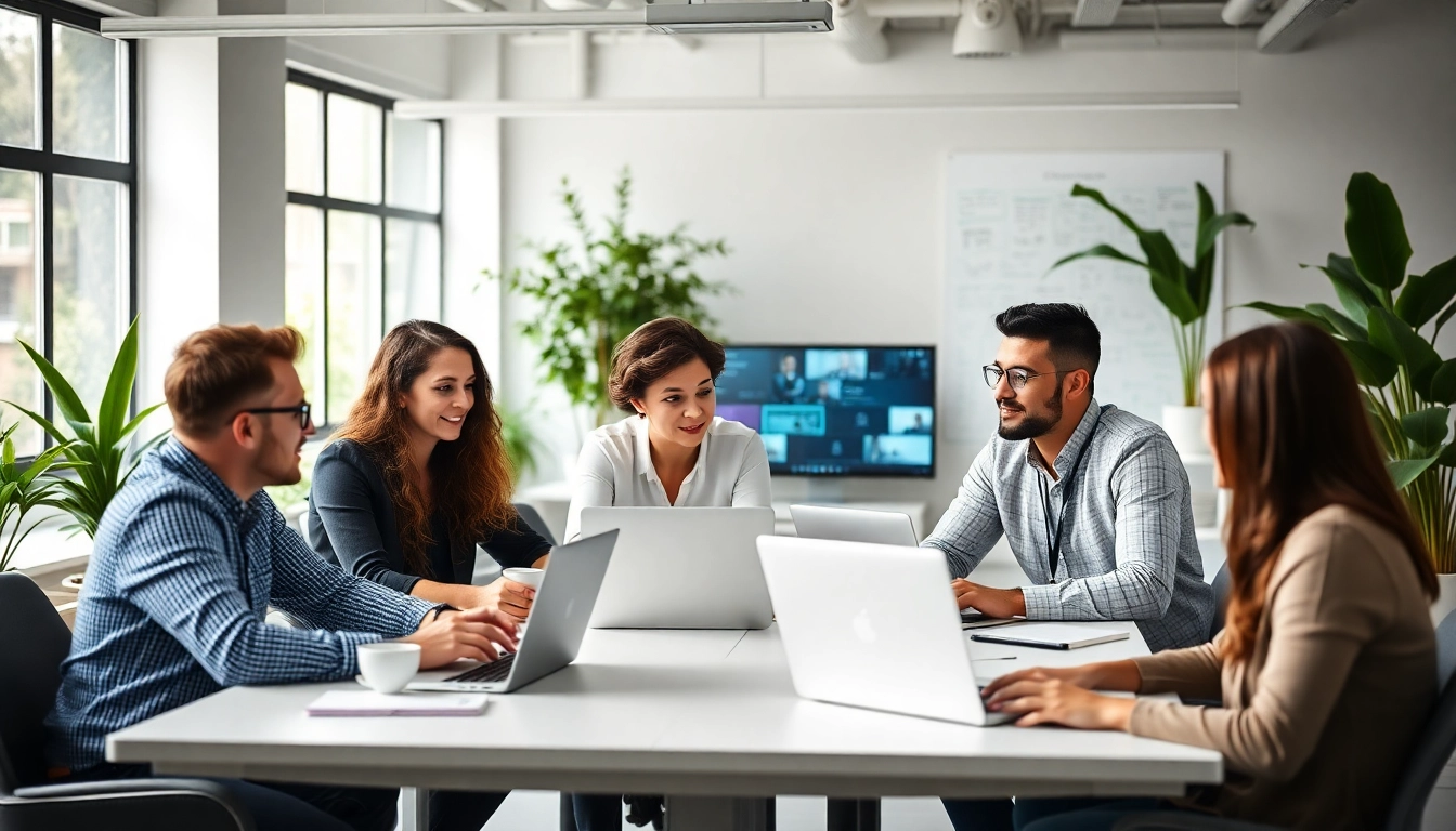 Dynamic team at a digital marketing agency Australia discussing strategies in a modern workspace.