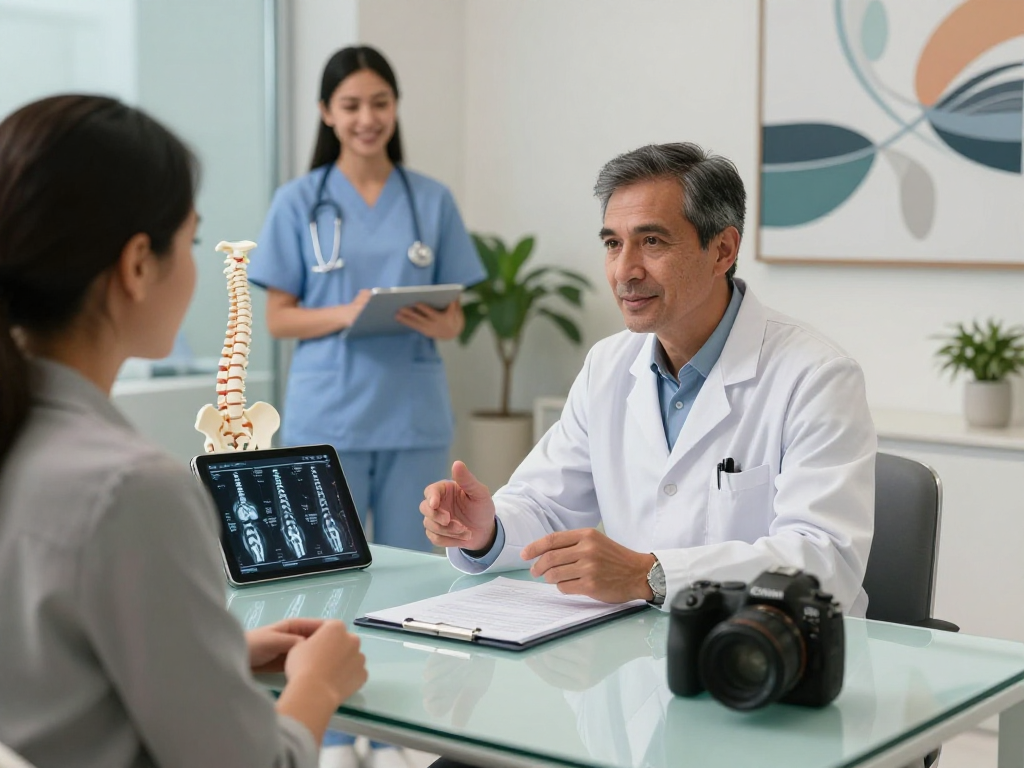 Consultation with a spine specialist in Abu Dhabi, featuring patient and doctor discussing spine health.