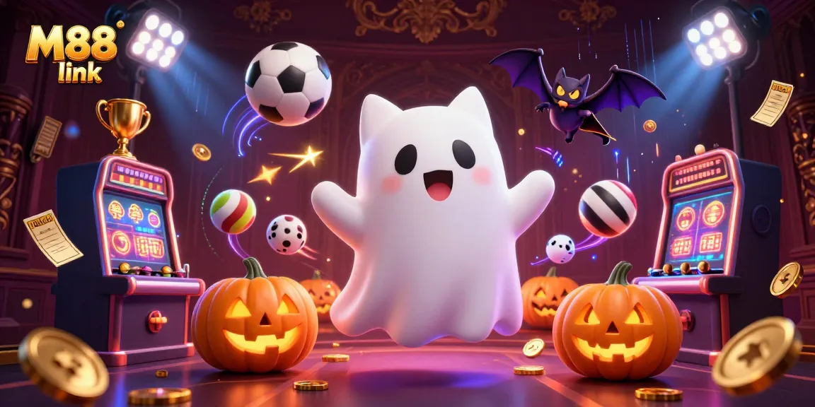Capture the excitement of M88 link with a vibrant casino scene featuring a ghost cat and vampire bat.