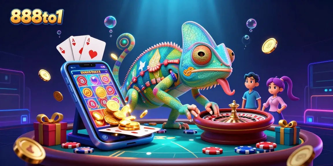 Experience thrilling wins with 888to1 as the chameleon casino owner dazzles in a vibrant casino scene.