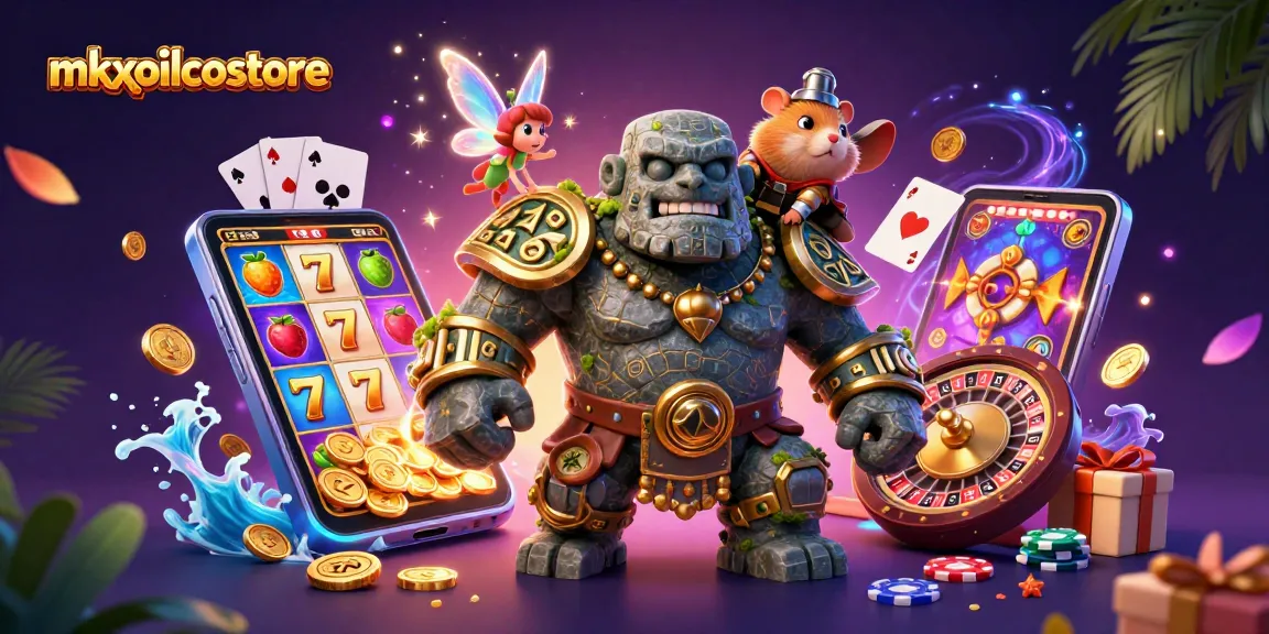 Experience exciting gameplay at mkxoilcostore, featuring a magical scene with a golem and hamster knight surrounded by slot game elements.