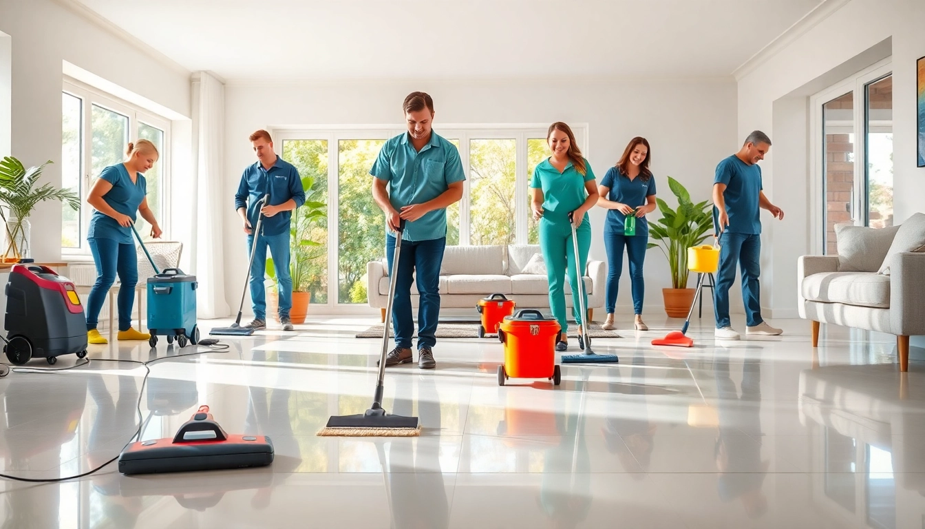 Bond cleaning team performing thorough cleaning in a bright living room with professional tools.