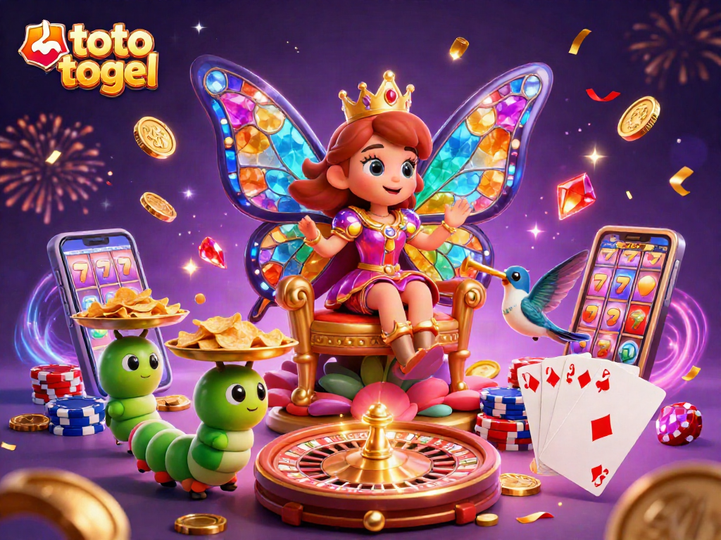 Experience vibrant wins with toto togel in a magical casino scene filled with colorful games and characters.