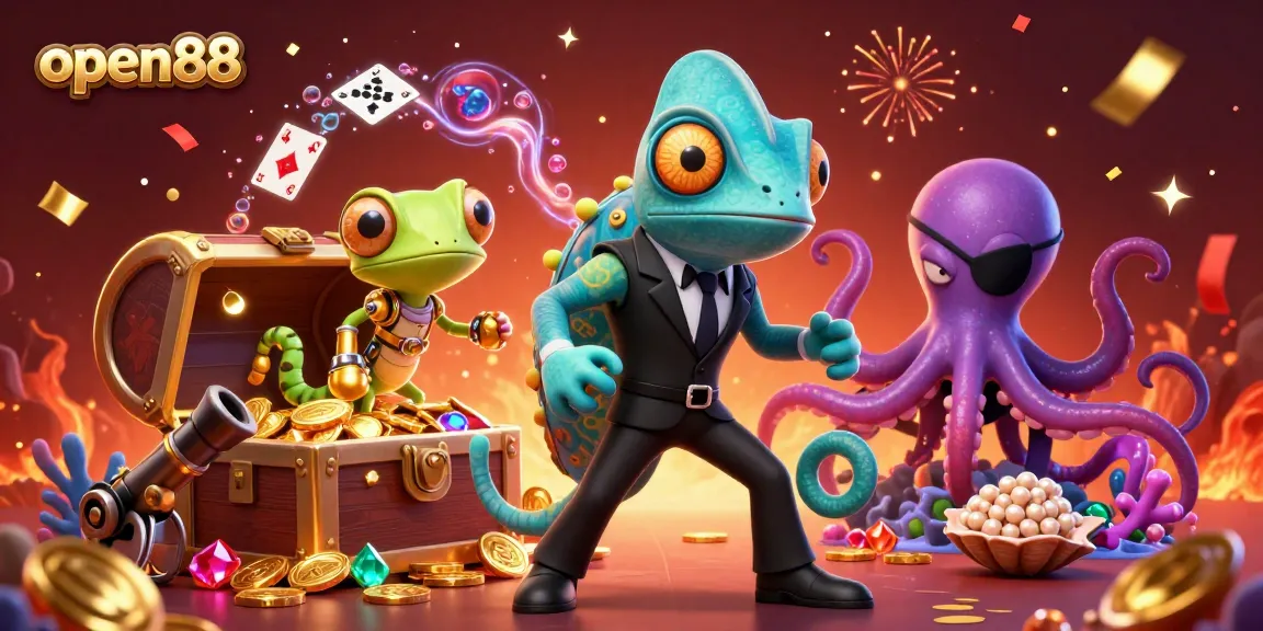 Experience thrilling underwater treasure adventures with open88's captivating 3D illustration of vibrant casino-themed characters.