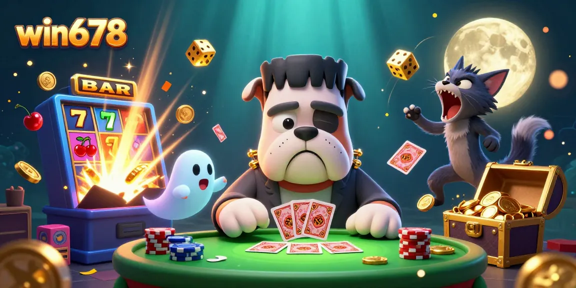 Win678 showcases a fun cartoon scene of a bulldog monster dealing cards amidst casino excitement, ideal for players.