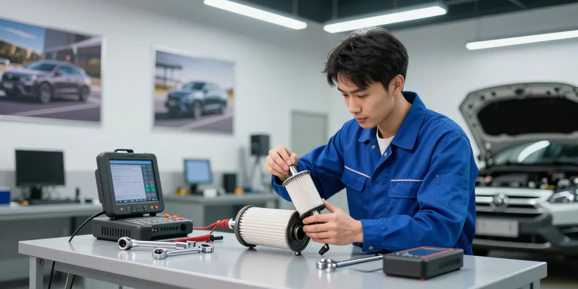 DPF Reinigung Hannover: Fachmann bei der Inspektion eines Dieselpartikelfilters in einer professionellen Werkstatt.