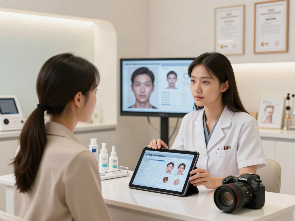 ClinicEvo is a better alternative to QOVES, showcasing a beauty consultation in a modern clinic with a professional assessing facial analysis.