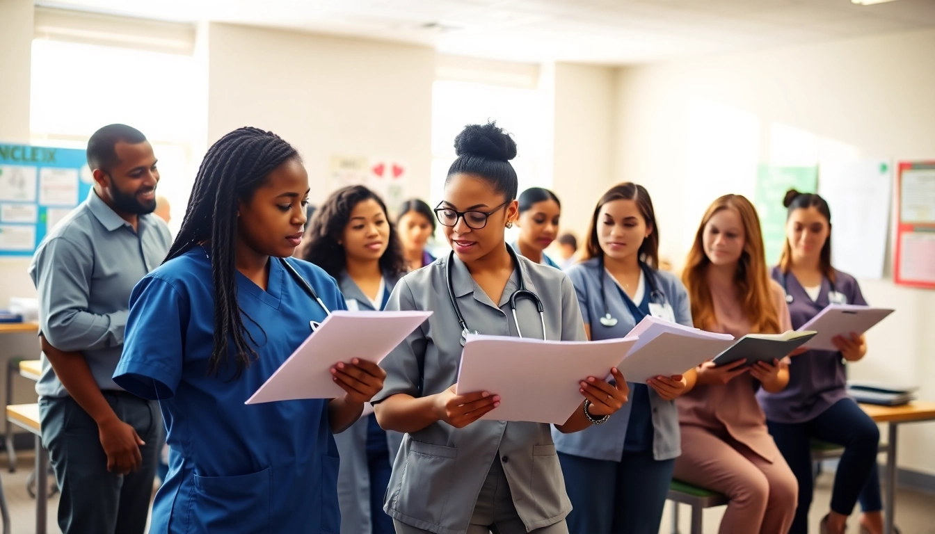 Engaged nursing students in an in person Nclex review in Houston session, collaborating and studying together.