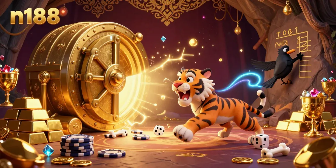 Experience the thrilling n188 casino with cavemen and a tiger amidst sparkling gemstones and gold treasures.